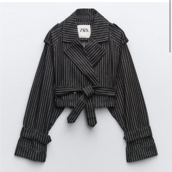 Zara Jackets & Blazers - NEW Zara Charcoal Pinstripe Belted Denim Jacket SIZE XS